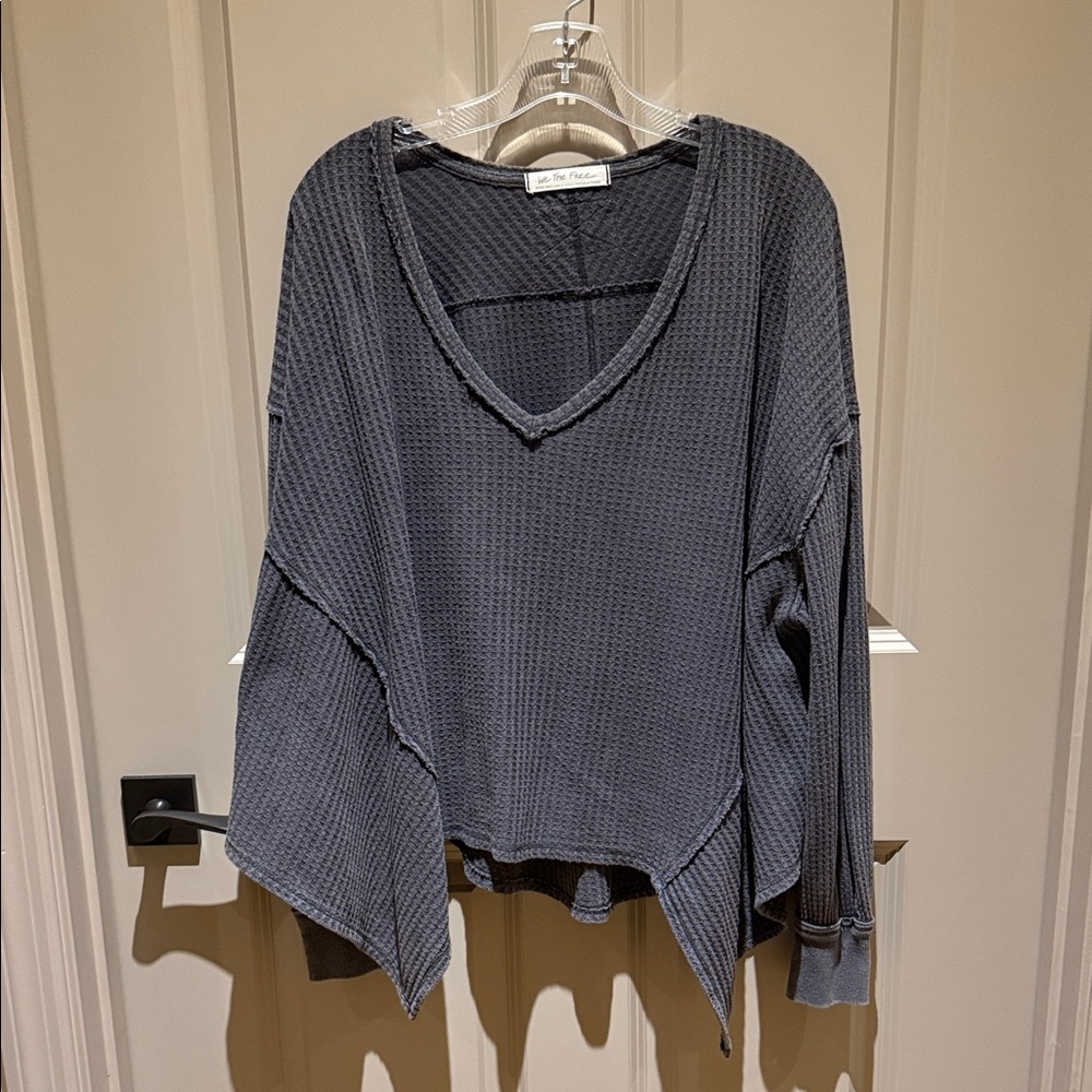 Free People Charcoal Waffle Knit V-Neck Sweatshirt